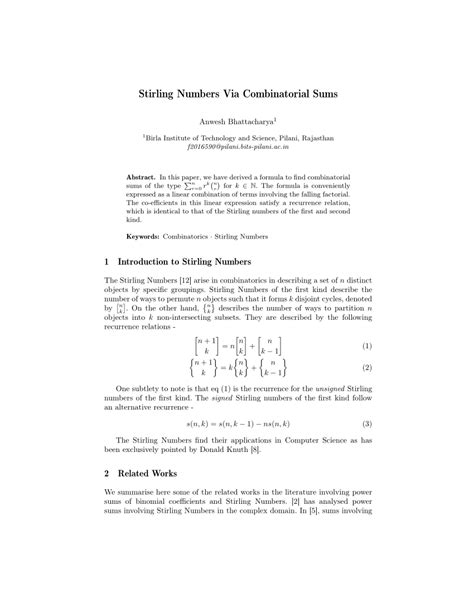 (PDF) Stirling Numbers Via Combinatorial Sums