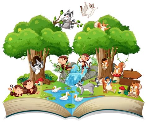 Free Vector | Open book forest theme with animal on white background