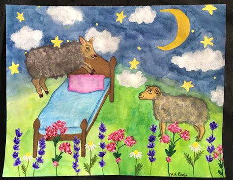 Sheep Lamb Bed Drawing, Moon Flowers Stars Painting, Sleep Dream Art - Etsy