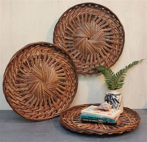 bamboo wall basket - large round rattan tray - shallow flat basket - bohemian decor by ...