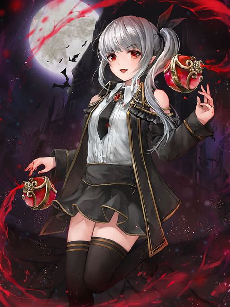 HD wallpaper: anime vampire girl, fang, red eyes, gray hair, moon, bats ...