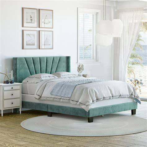 Premier Viera Velvet Upholstered Platform Bed Frame, Aqua Queen ...