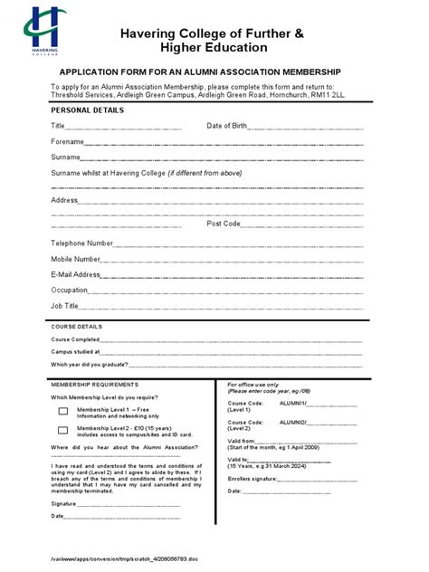 Havering College of Further & Higher Education: Application Form For An Alumni Association ...