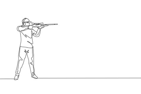 One single line drawing of young man practicing to shot target in range ...