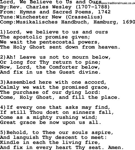 Methodist Hymn: Lord, We Believe To Us And Ours - lyrics with PDF