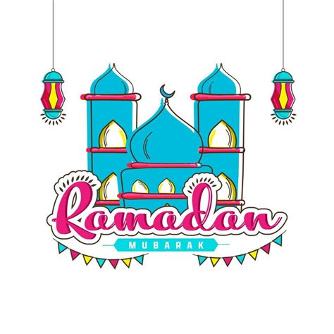 Ramadan Mubarak Font With Bunting Flags, Mosque Illustration And Lanterns Hang On White ...