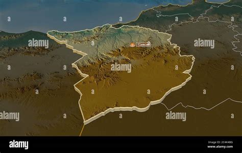 Zoom in on Tlemcen (province of Algeria) extruded. Oblique perspective ...