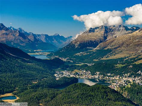 St. Moritz and three lakes nestle in Upper Engadine Valley, Switzerland ...