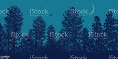 Night Sky Pine Trees Moon And Stars Stock Illustration - Download Image Now - Forest, Woodland ...