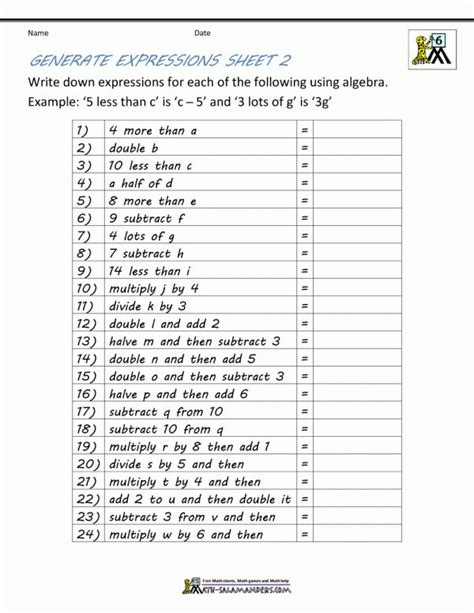 Basic Algebraic Expressions Worksheet