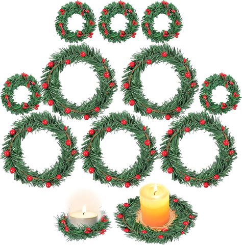 10PCS Christmas Candle Rings Wreaths, 4IN & 2IN Artificial Berry Candle Wreath for Pillar Candle ...