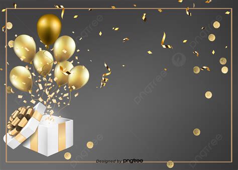 golden balloons and confetti are flying out of a gift box on a gray background