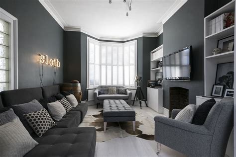 Grey Wall Modern Living Room in 2020 | Dark grey living room, Dark ...