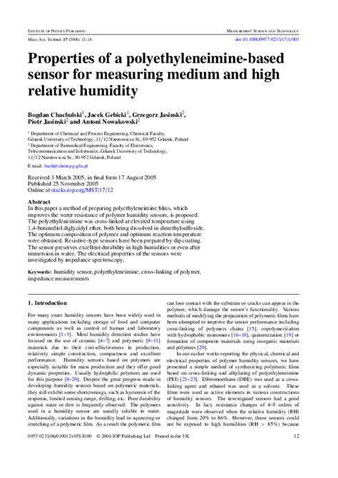 (PDF) Properties of a polyethyleneimine-based sensor for measuring medium and high relative ...