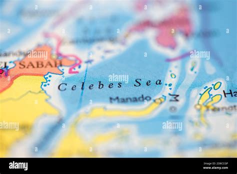 Shallow depth of field focus on geographical map location of Celebes ...