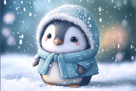 A cute baby penguin dressed in a snow-coat stands in the snow du 16776048 Vector Art at Vecteezy