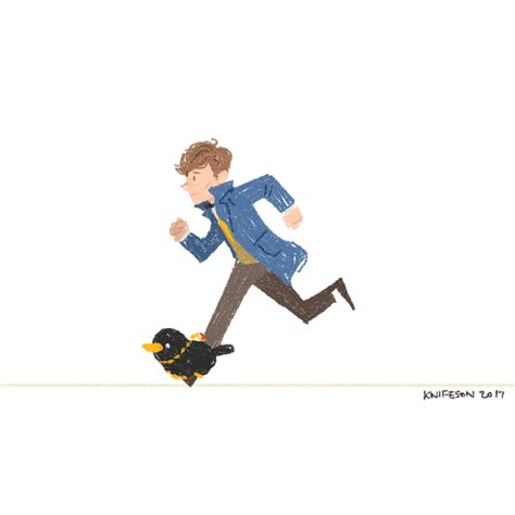 a man in a blue jacket is running with a black dog on a white background
