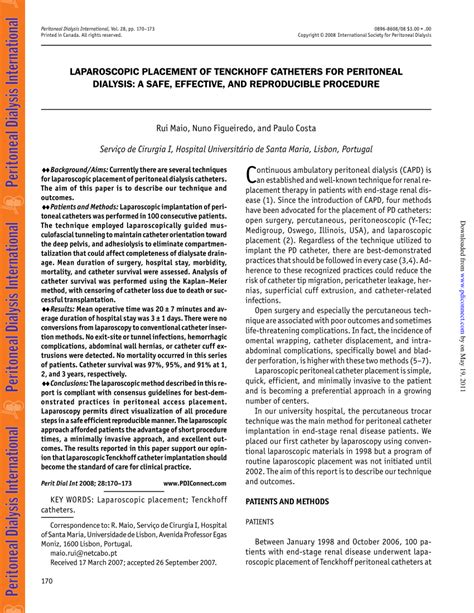 (PDF) Laparoscopic Placement of Tenckhoff Catheters for Peritoneal Dialysis: A Safe, Effective ...