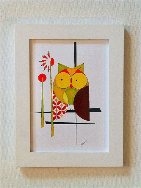 Original Modern Owl Painting, Mid Century Modern, 5x7 print, PERCHED ...