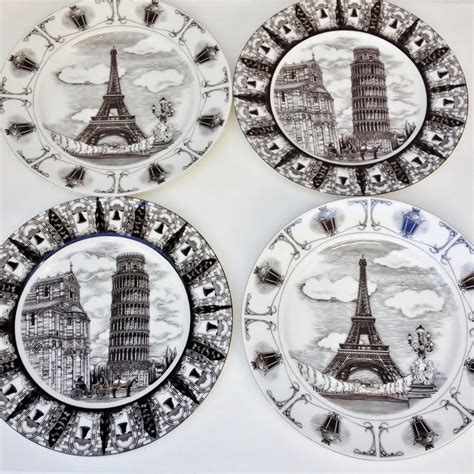4 PTS Dinner Plates 222 Fifth SLICE OF LIFE Tower Pisa & Eiffel Tower ...