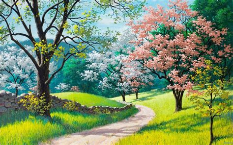 نقاشی زیبا از طبیعت بهاری درختان | Landscape paintings, Spring landscape, Landscape