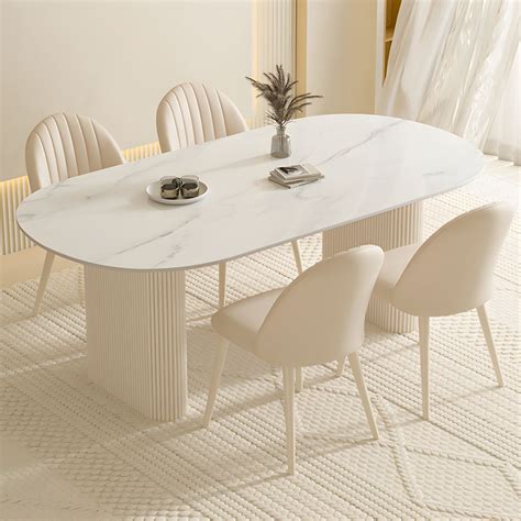 White Oval Stone Modern Dining Table with Double Pedestal Base Standard ...