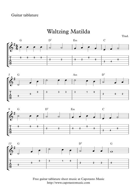 Free guitar tablature sheet music | Waltzing Matilda