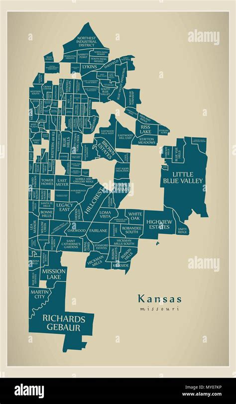 Modern City Map - Kansas Missouri city of the USA with neighborhoods ...