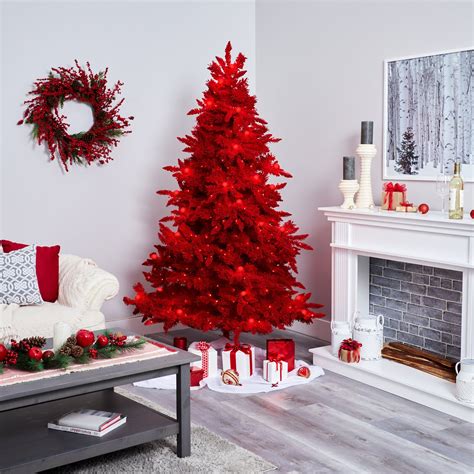 7' Red Flocked Fraser Fir Artificial Christmas Tree with 500 Red Lights ...