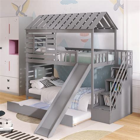 Buy House Bunk Beds Twin Over Twin with Slide , Twin Bunk Bed with Storage Stairs and Trundle ...