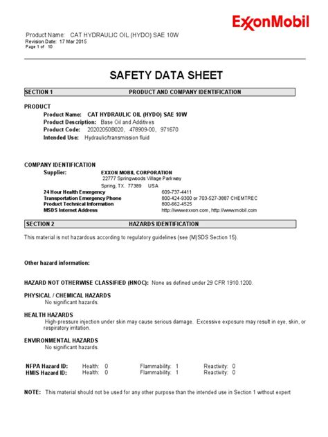 Safety Data Sheet: Product Name: Cat Hydraulic Oil (Hydo) Sae 10W | PDF ...