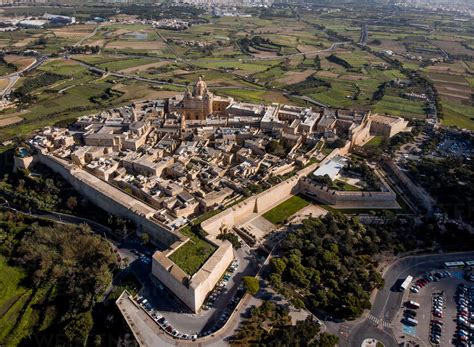 MDINA, MALTA - 20 DECEMBER 2019 : Aerial view of the medieval fortified city Mdina in Malta ...