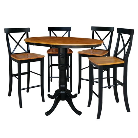 36" Round Bar Height Table with 12" Leaf and 4 X-back Stools - Black/Cherry - 5 Piece set ...