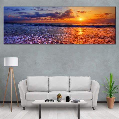 Ocean Beach Canvas Wall Art, Cloudy Sunset Sea Canvas Artwork, Blue Or ...