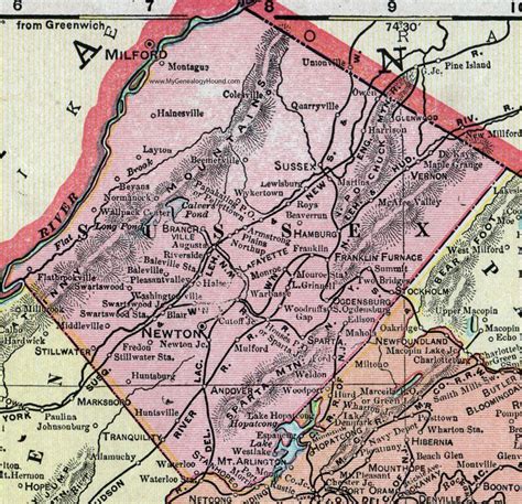 Sussex County, New Jersey, 1905, Map, Cram, Newton, Hamburg, Montague, Lafayette, Ogdensburg ...