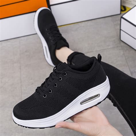 Fly Woven Black Rubber Shoes For Women Wedge Sneakers Fashion Casual ...