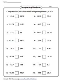 Comparing Decimals Worksheets