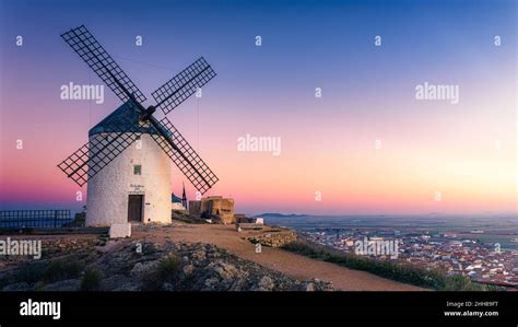 Sunrise at the windmills of Consuegra, Toledo, Spain Stock Photo - Alamy