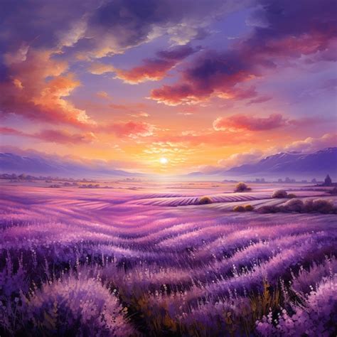 Premium AI Image | painting of a lavender field with a sunset in the ...