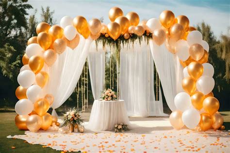 a wedding arch with gold balloons and white curtains. AI-Generated ...