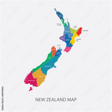 New Zealand Map Color regions flat design illustration vector Stock ...