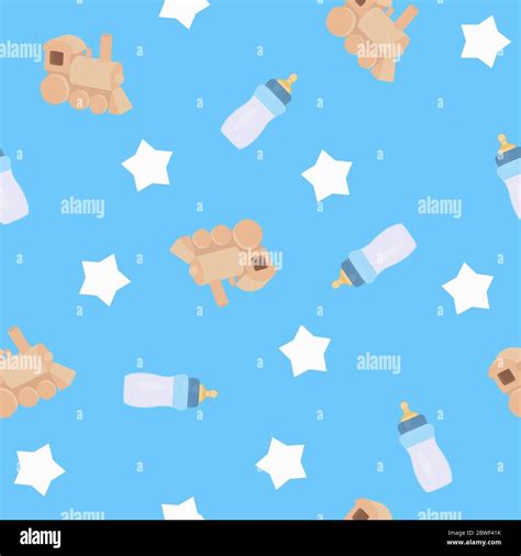 Baby Blue Seamless Pattern Background or Wallpaper, with Feeding Bottles, Wooden Toy Trains and ...