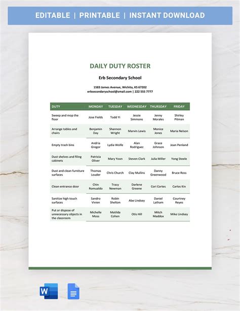 Duty Roster Template Employees