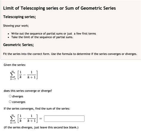 SOLVED: Limit of Telescoping series or Sum of Geometric Series ...