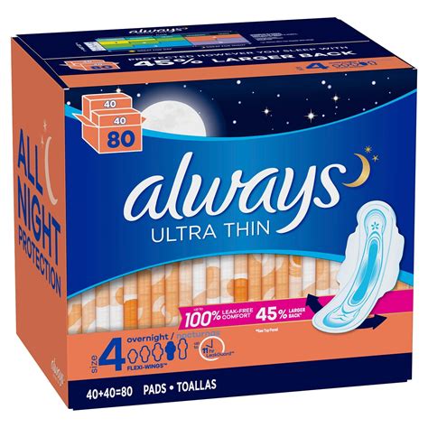 Always Ultra-Thin Size 4 Overnight Pads with Wings Unscented (80 Count) - Walmart.com