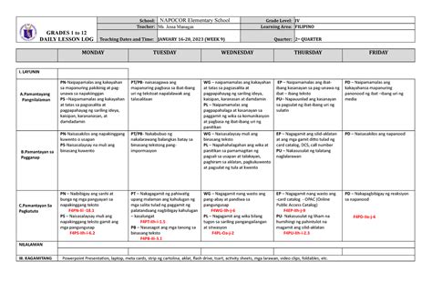 Filipino - This is a sample daily lesson log for one week. This will help as guide to - GRADES 1 ...