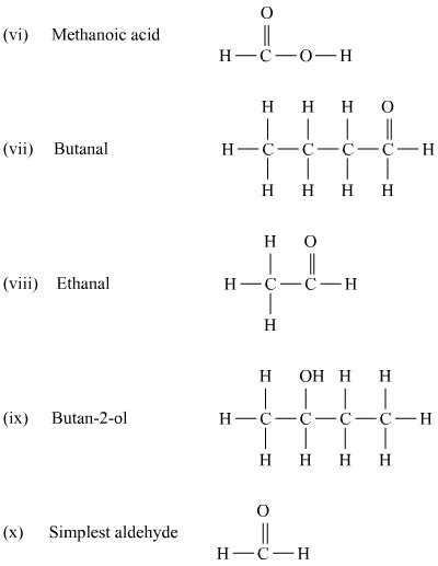 structural formula of - methanal, propanone, ethanoic acid, 2- bromobutane, propan-1-ol ...