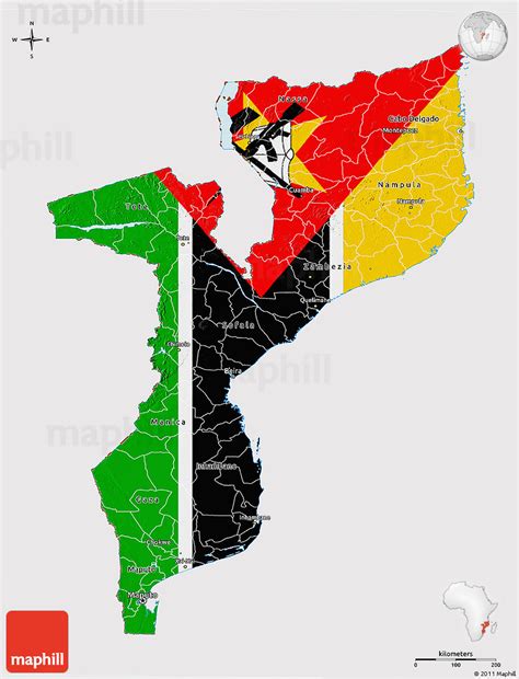 Flag 3D Map of Mozambique, flag aligned to the middle