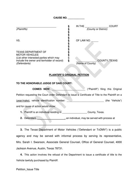 Texas Plaintiff's Original Petition - Issue Title - Sample - Fill Out, Sign Online and Download ...