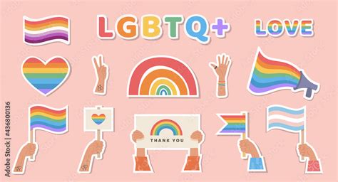 Set of stickers with LGBTQ symbols. LGBT, transgender and lesbian flag ...